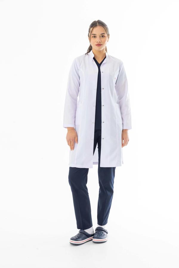 Hakim Yaka Uzun Boy Kadın Doktor Önlüğü Alpaka Kumaş Beyaz (BKO003) - Image 1