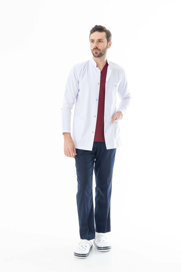 Hakim Yaka Uzun Boy Erkek Doktor Önlüğü Alpaka Kumaş Beyaz (BEO103) - Image 1