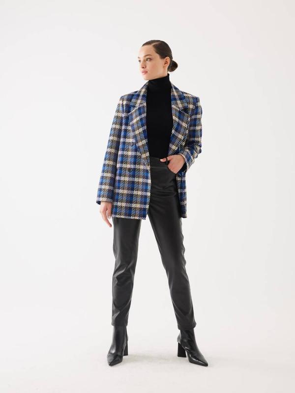 Ekose Desen Saks Kruvaze Oversize Blazer Ceket - Image 1