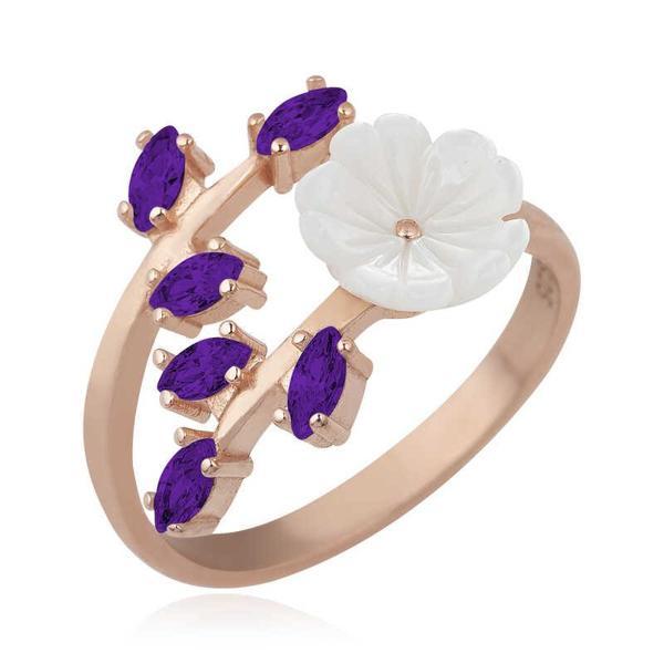 Gümüş Rose Mor Yapraklı Bahar Çiçeği Yüzük SL3805 - Image 1