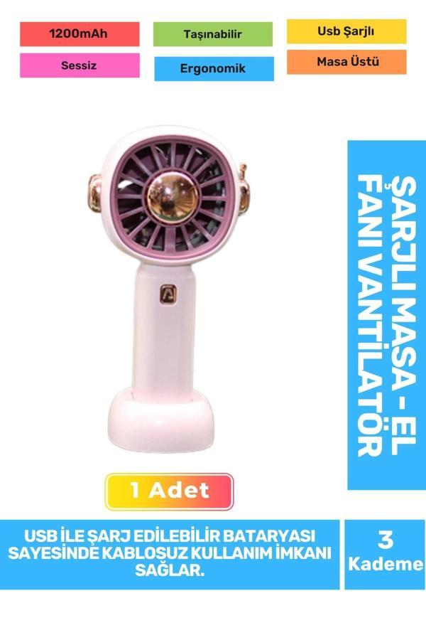 Sessiz 3 Kademeli Hafif Kablosuz 1200mAh Pervaneli Taşınabilir Usb Şarjlı Masa El Fanı Vantilatör - Image 1