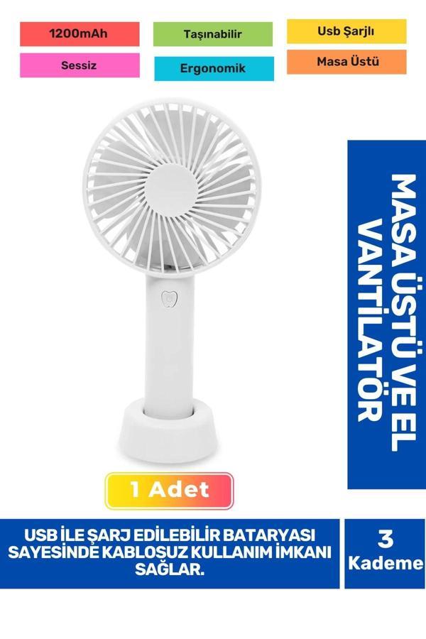 Sessiz 3 Kademeli Hafif Kablosuz 1200mAh Pervaneli Taşınabilir Usb Şarjlı Masa El Fanı Vantilatör - Image 1