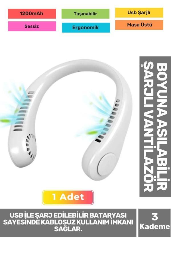Premium Sessiz Sarı Eller Serbest Boyuna Asılabilir Şarjlı 3 Kademeli Vantilatör Klima Soğutucu Fan - Image 1