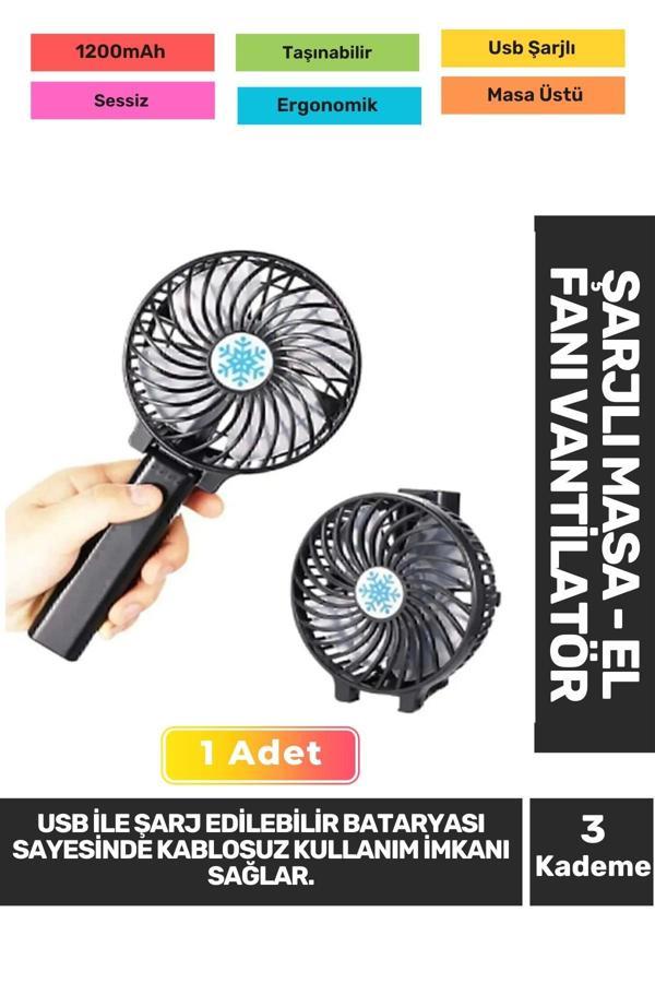 Sessiz 3 Kademeli Hafif Kablosuz 1200mAh Pervaneli Taşınabilir Usb Şarjlı Masa El Fanı Vantilatör - Image 1
