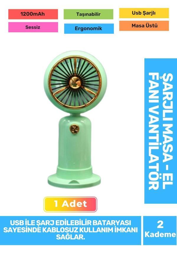 Sessiz 2 Kademeli Hafif Kablosuz 1200mAh Pervaneli Taşınabilir Usb Şarjlı Masa El Fanı Vantilatör - Image 1