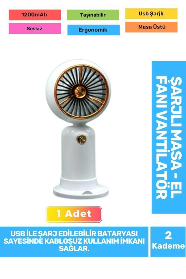 Sessiz 2 Kademeli Hafif Kablosuz 1200mAh Pervaneli Taşınabilir Usb Şarjlı Masa El Fanı Vantilatör - Image 1