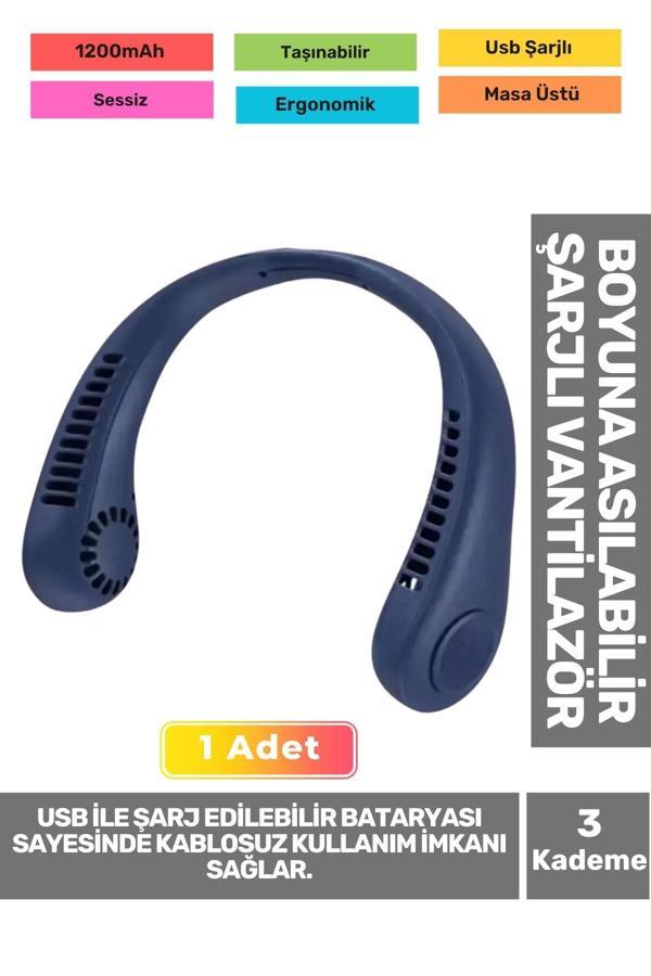 Premium Sessiz Sarı Eller Serbest Boyuna Asılabilir Şarjlı 3 Kademeli Vantilatör Klima Soğutucu Fan - Image 1