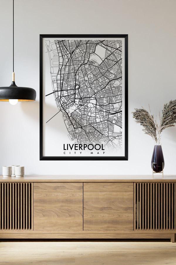 Artavessa Tek Parça Siyah Çerçeve Görünümlü "Liverpool Beyaz" Harita Mdf Tablo - Image 1