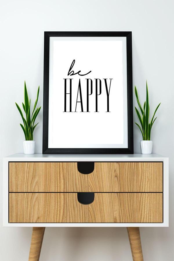 Artavessa Tek Parça Çerçeve Görünümlü Yazılı Mdf Tablo "Be Happy" - Image 1