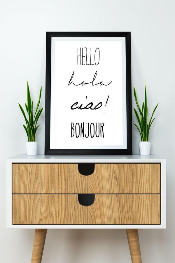 Artavessa Tek Parça Çerçeve Görünümlü Yazılı Mdf Tablo "Hello Ciao Bonjour" - Image 1