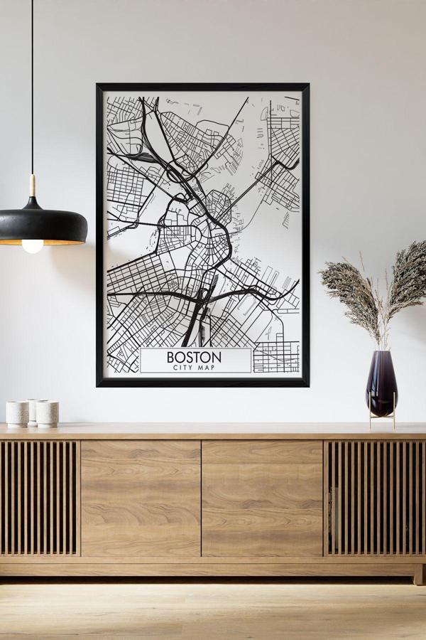 Artavessa Tek Parça Siyah Çerçeve Görünümlü "Boston Beyaz" Harita Mdf Tablo - Image 1