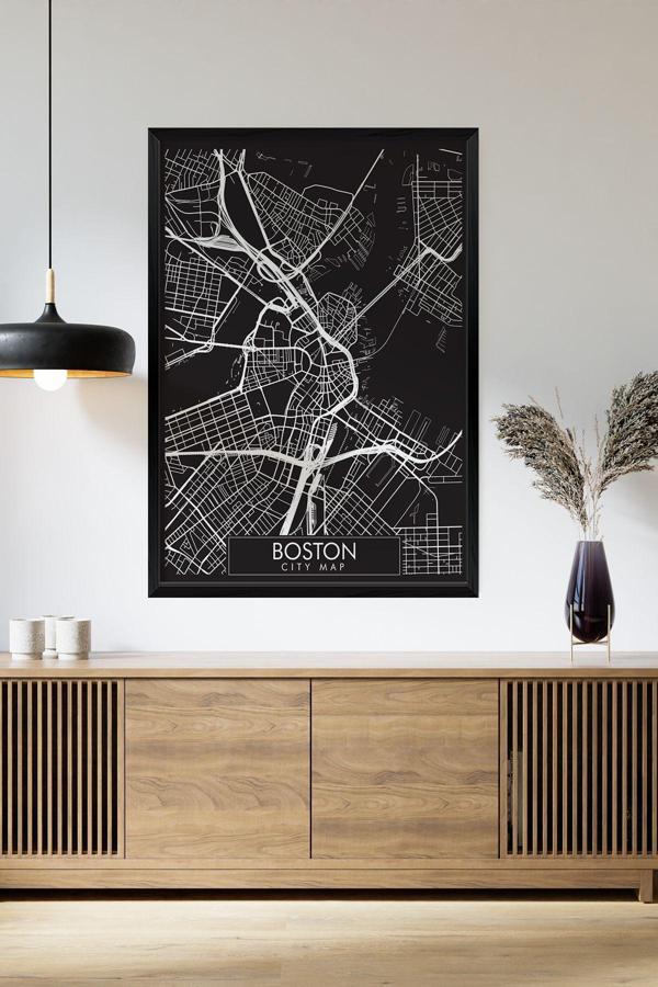 Artavessa Tek Parça Siyah Çerçeve Görünümlü "Boston Siyah" Harita Mdf Tablo - Image 1