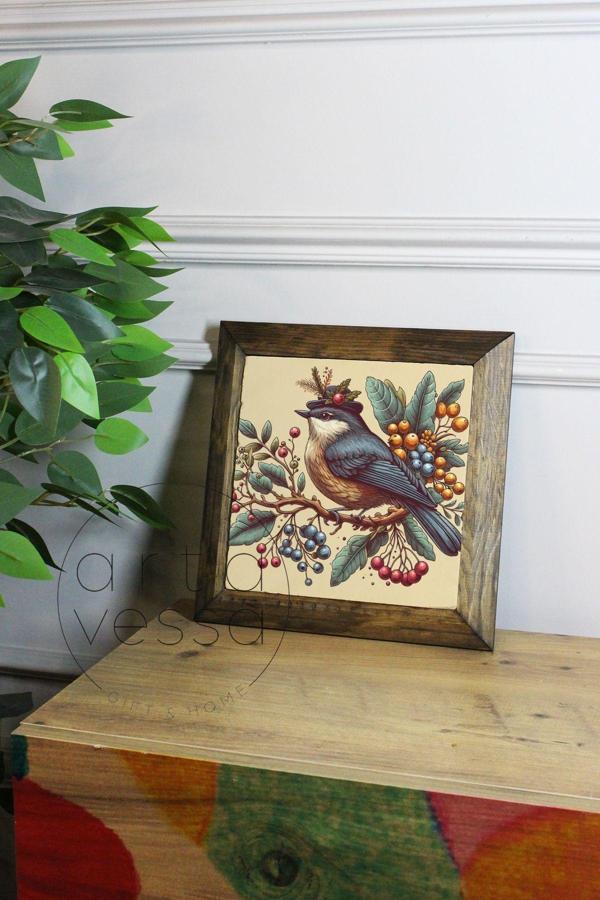 Artavessa Masif Ahşap Çerçeveli Taş Tablo Pano 26 X 26 Cm - Bahar Ve Kuşlar 2 - Image 1