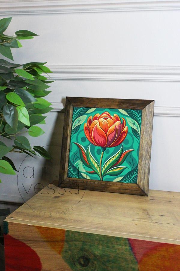 Artavessa Masif Ahşap Çerçeveli Taş Tablo Pano 26 X 26 Cm - Bahar Ve Çiçek 1 - Image 1