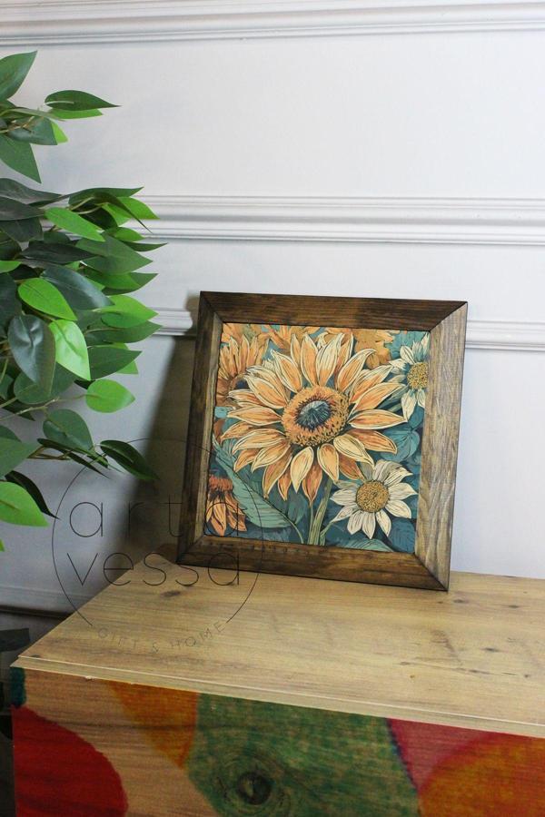Artavessa Masif Ahşap Çerçeveli Taş Tablo Pano 26 X 26 Cm - Bahar Ve Çiçek 2 - Image 1