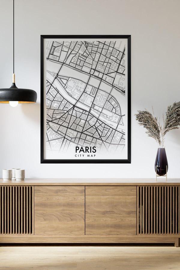 Artavessa Tek Parça Siyah Çerçeve Görünümlü "Paris Beyaz" Harita Mdf Tablo - Image 1