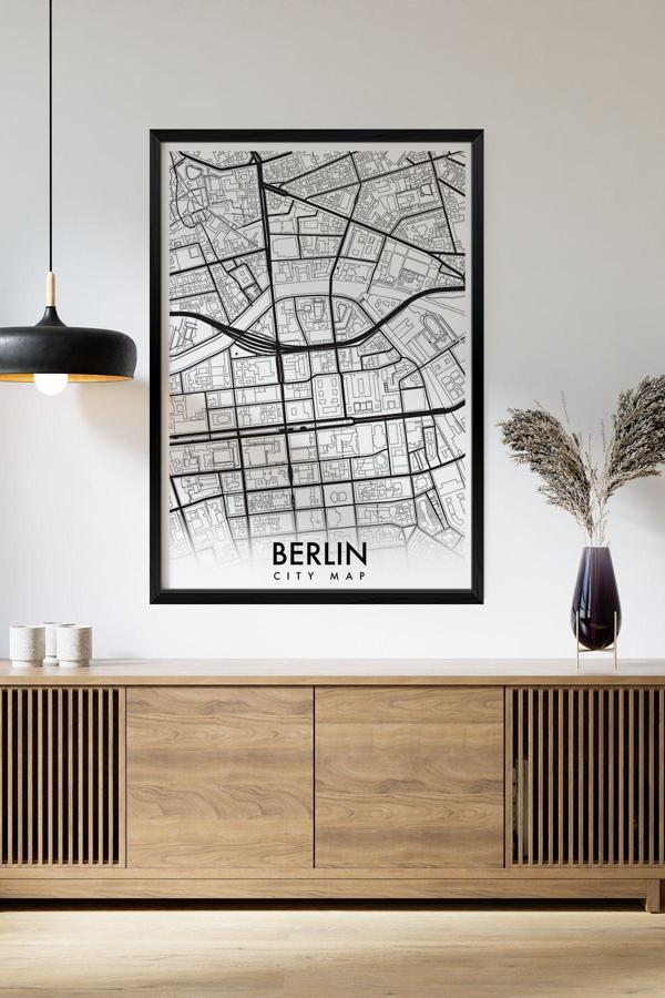 Artavessa Tek Parça Siyah Çerçeve Görünümlü "Berlin Beyaz" Harita Mdf Tablo - Image 1
