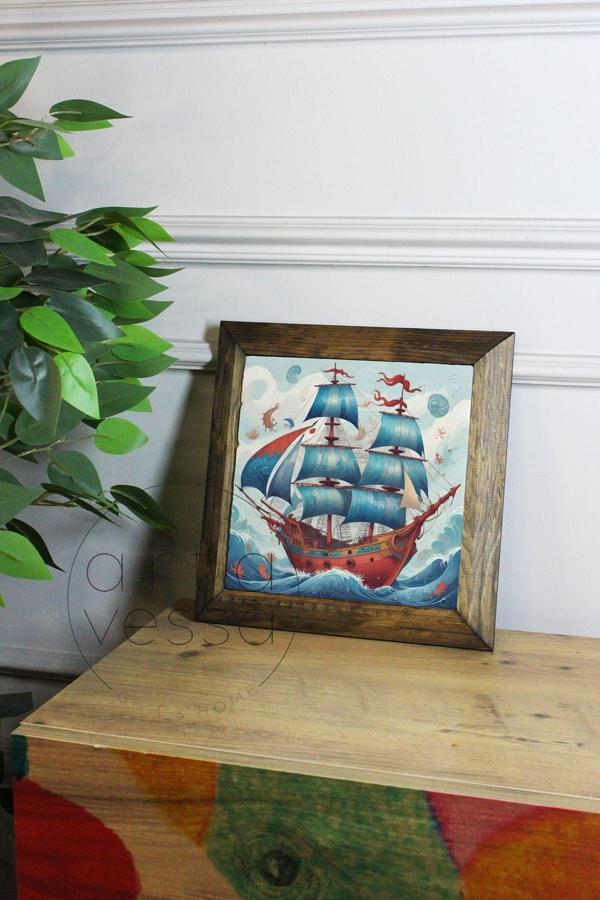 Artavessa Masif Ahşap Çerçeveli Taş Tablo Pano 26 X 26 Cm - Gemi - Image 1