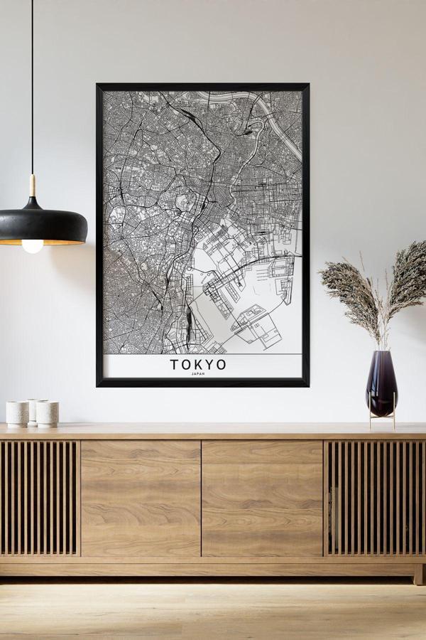 Artavessa Tek Parça Siyah Çerçeve Görünümlü "Tokyo Beyaz" Harita Mdf Tablo - Image 1