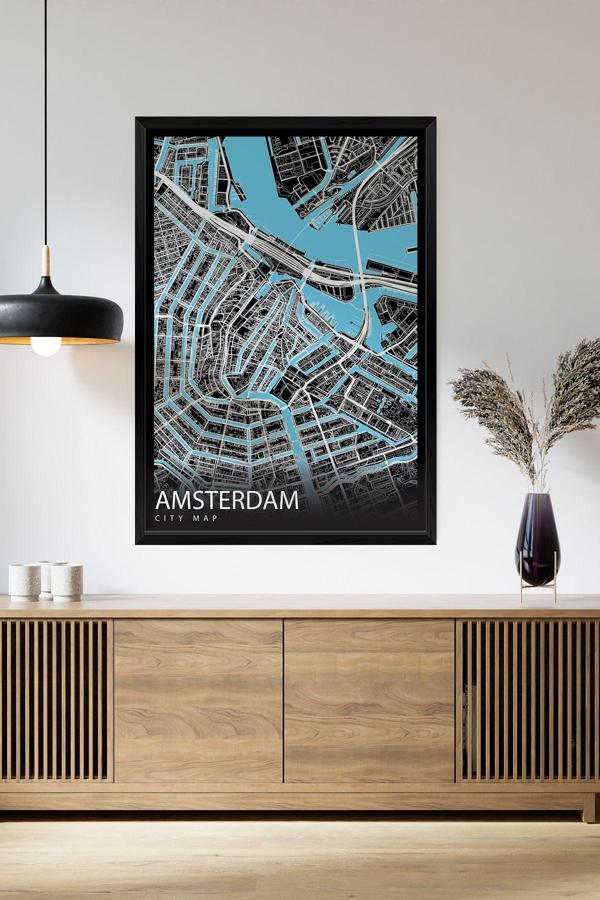 Artavessa Tek Parça Siyah Çerçeve Görünümlü "Amsterdam Siyah" Harita Mdf Tablo - Image 1