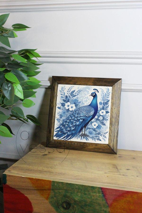 Artavessa Masif Ahşap Çerçeveli Taş Tablo Pano 16 X 16 Cm - Tavus Kuşu 1 - Image 1
