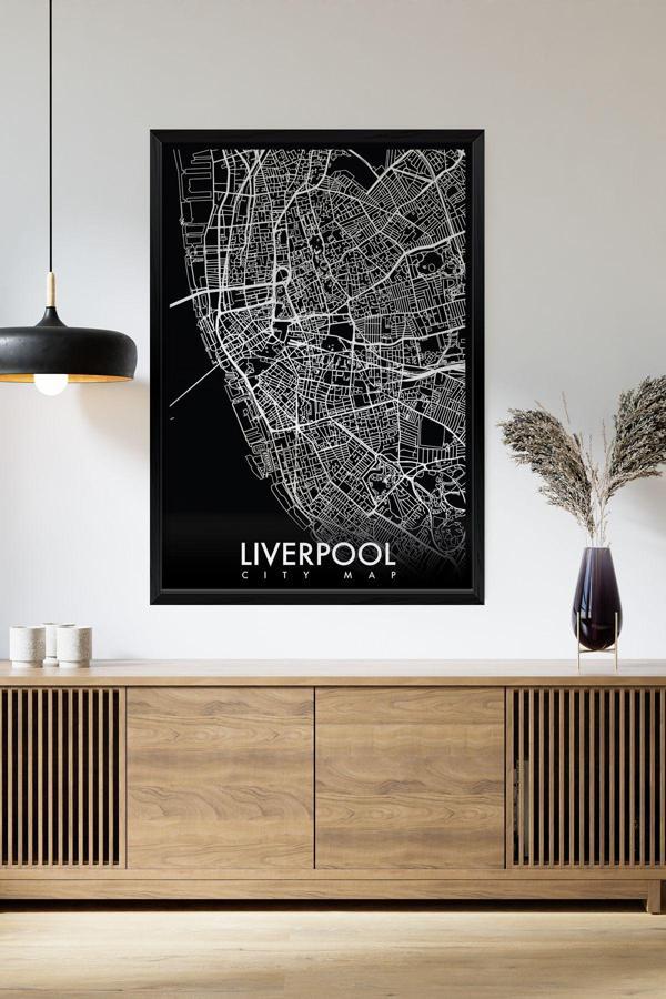 Artavessa Tek Parça Siyah Çerçeve Görünümlü "Liverpool Siyah" Harita Mdf Tablo - Image 1