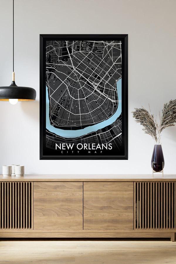 Artavessa Tek Parça Siyah Çerçeve Görünümlü "New Orleans Siyah" Harita Mdf Tablo - Image 1