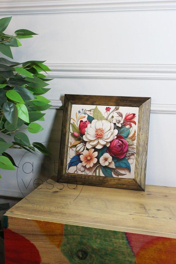 Artavessa Masif Ahşap Çerçeveli Taş Tablo Pano 16 X 16 Cm - Bahar Ve Çiçek 3 - Image 1