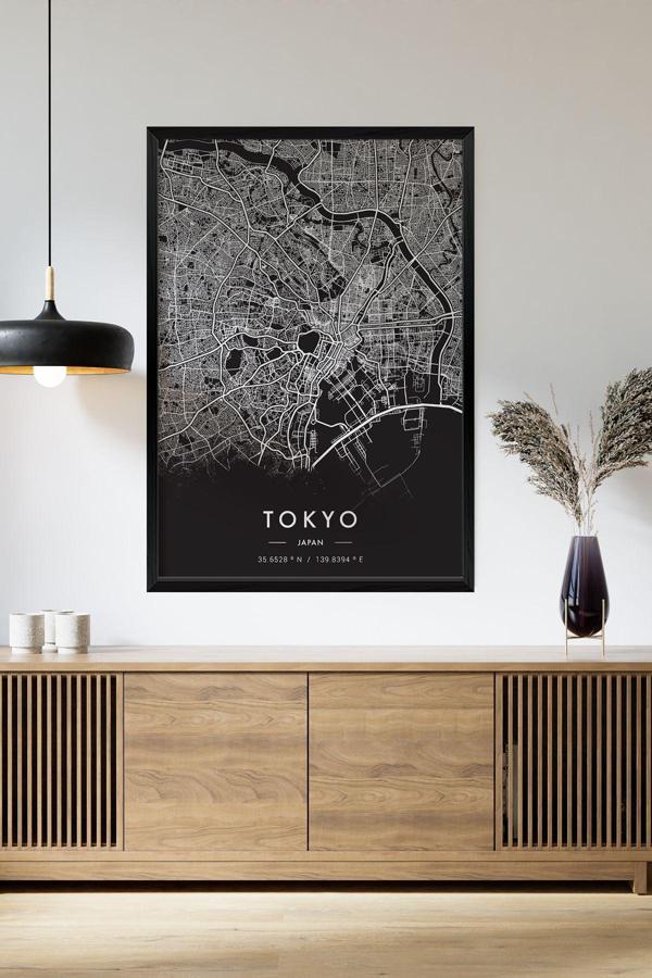 Artavessa Tek Parça Siyah Çerçeve Görünümlü "Tokyo Siyah" Harita Mdf Tablo - Image 1