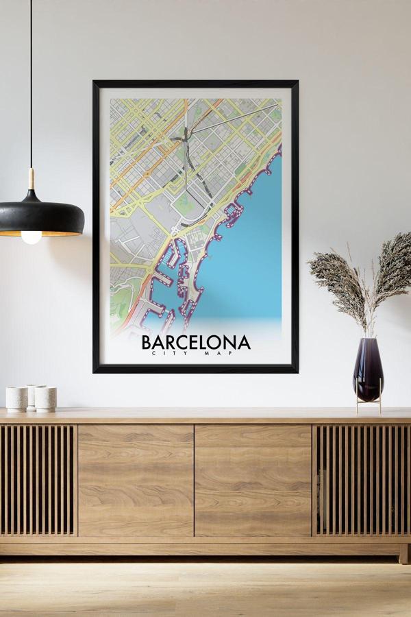 Artavessa Tek Parça Siyah Çerçeve Görünümlü "Barcelona Beyaz" Harita Mdf Tablo - Image 1