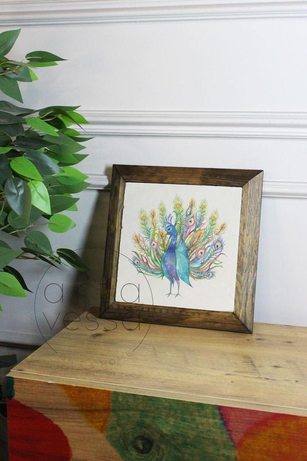 Artavessa Masif Ahşap Çerçeveli Taş Tablo Pano 16 X 16 Cm - Tavus Kuşu 2 - Image 1