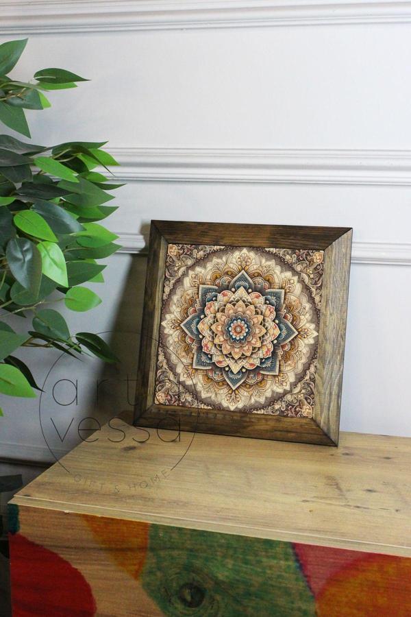 Artavessa Masif Ahşap Çerçeveli Taş Tablo Pano 16 X 16 Cm - Mandala 1 - Image 1