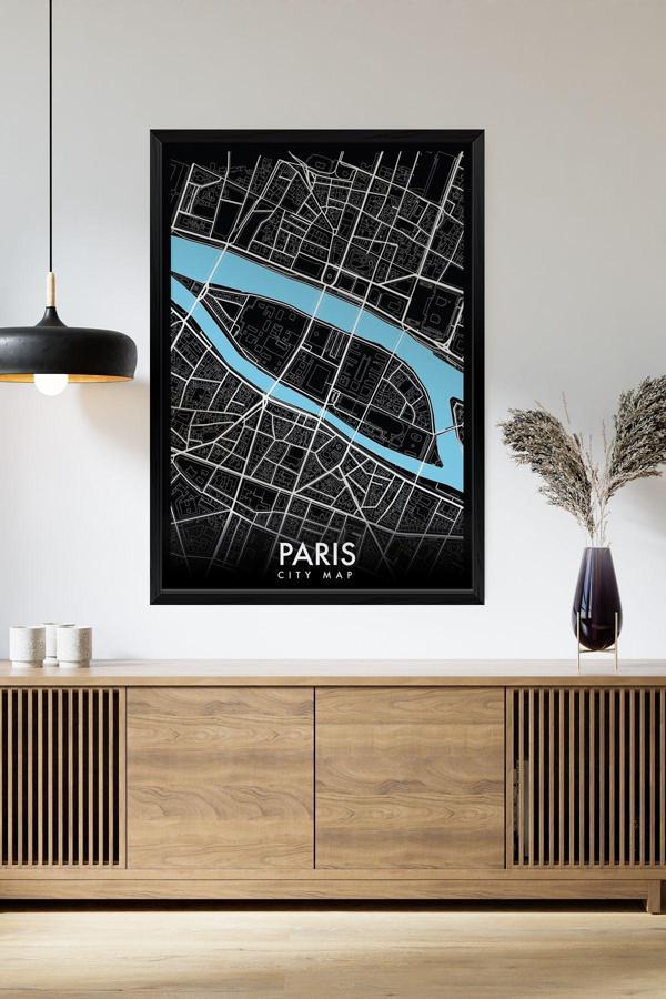Artavessa Tek Parça Siyah Çerçeve Görünümlü "Paris Siyah" Harita Mdf Tablo - Image 1