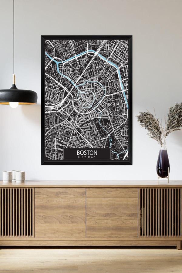 Artavessa Tek Parça Siyah Çerçeve Görünümlü "Boston Siyah" Harita Mdf Tablo - Image 1