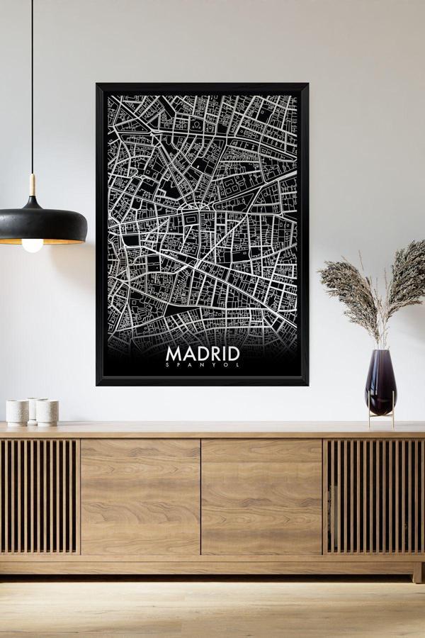 Artavessa Tek Parça Siyah Çerçeve Görünümlü "Madrid Siyah" Harita Mdf Tablo - Image 1