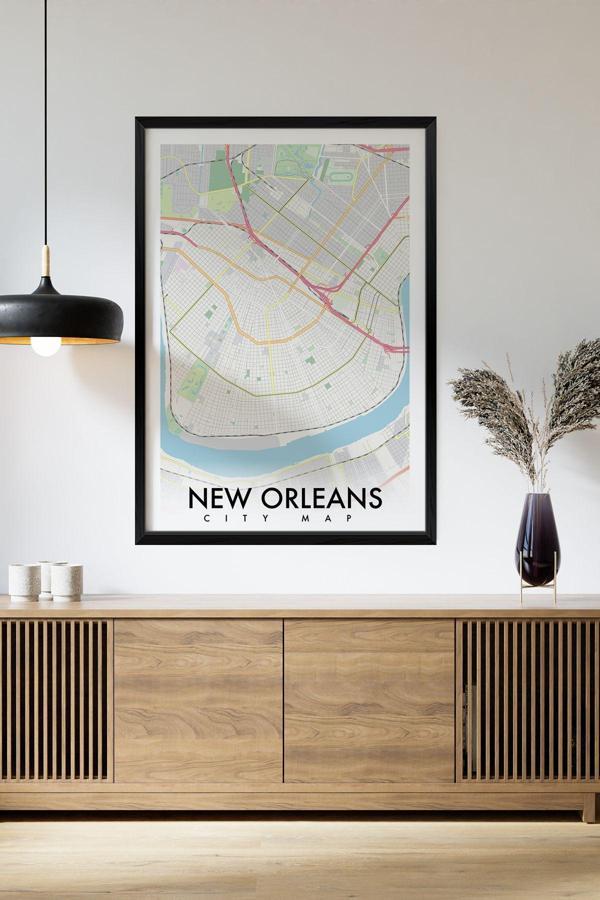Artavessa Tek Parça Siyah Çerçeve Görünümlü "New Orleans Beyaz" Harita Mdf Tablo - Image 1