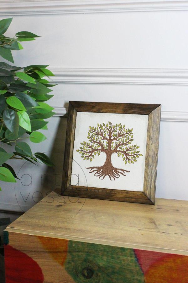 Artavessa Masif Ahşap Çerçeveli Taş Tablo Pano 26 X 26 Cm - Ağaç Model 6 - Image 1