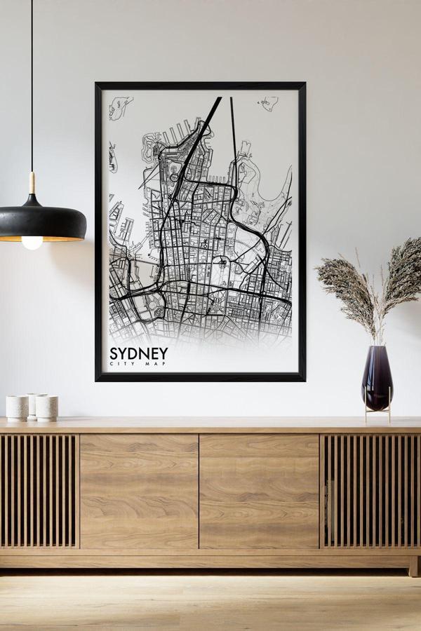 Artavessa Tek Parça Siyah Çerçeve Görünümlü "Sydney Beyaz" Harita Mdf Tablo - Image 1