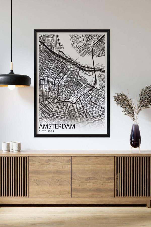 Artavessa Tek Parça Siyah Çerçeve Görünümlü "Amsterdam Beyaz" Harita Mdf Tablo - Image 1