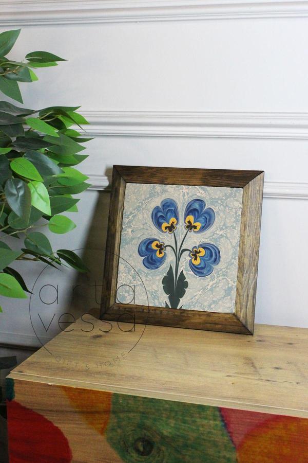 Artavessa Masif Ahşap Çerçeveli Taş Tablo Pano 26 X 26 Cm - Ebru Sanatı 1 - Image 1