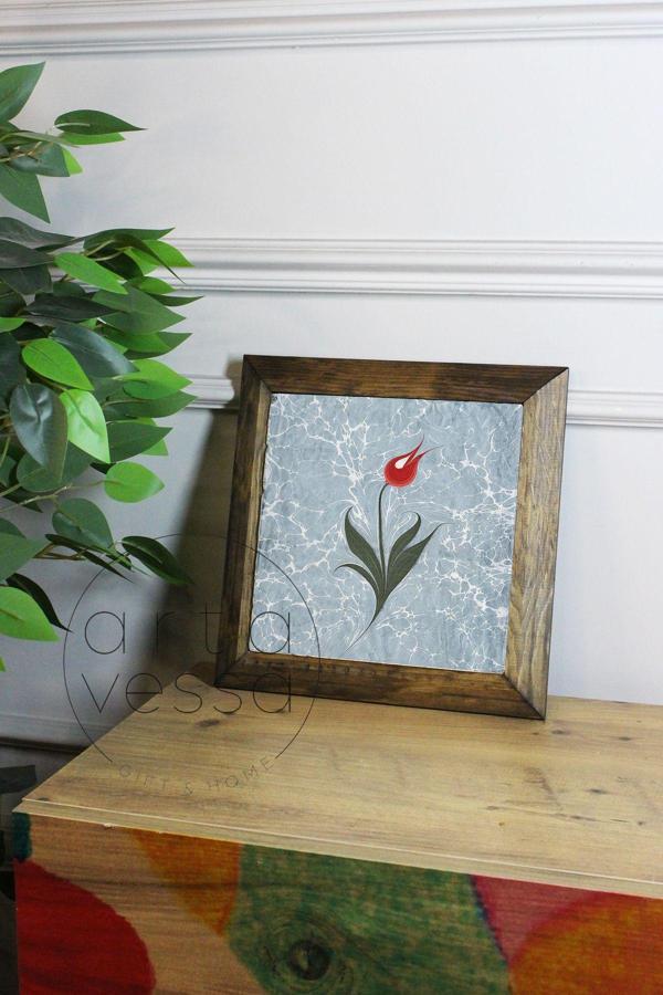 Artavessa Masif Ahşap Çerçeveli Taş Tablo Pano 16 X 16 Cm - Ebru Sanatı 3 - Image 1
