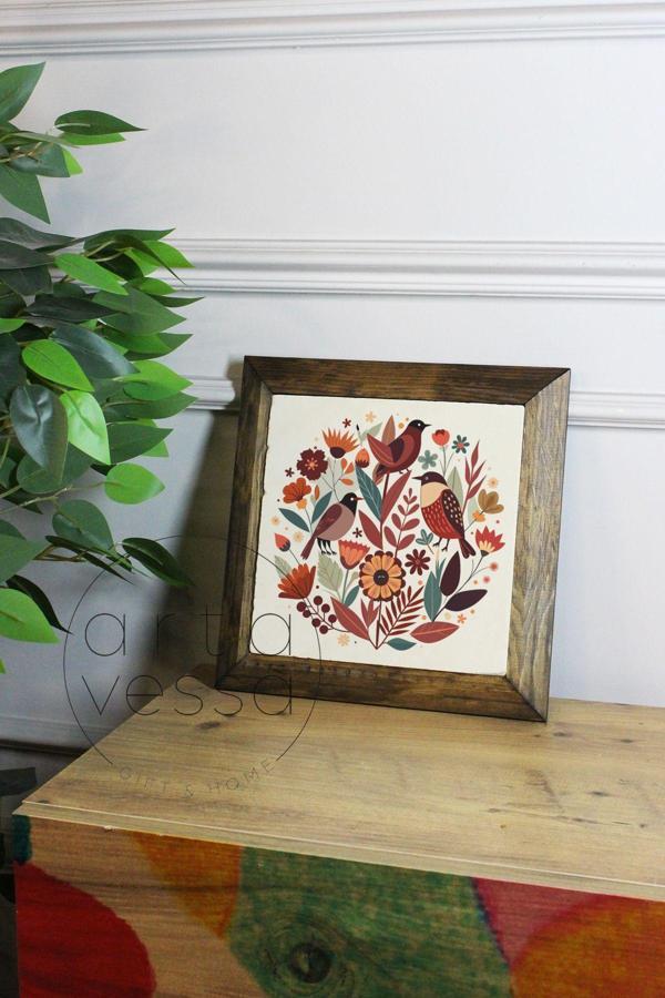 Artavessa Masif Ahşap Çerçeveli Taş Tablo Pano 16 X 16 Cm - Bahar Ve Kuşlar 1 - Image 1