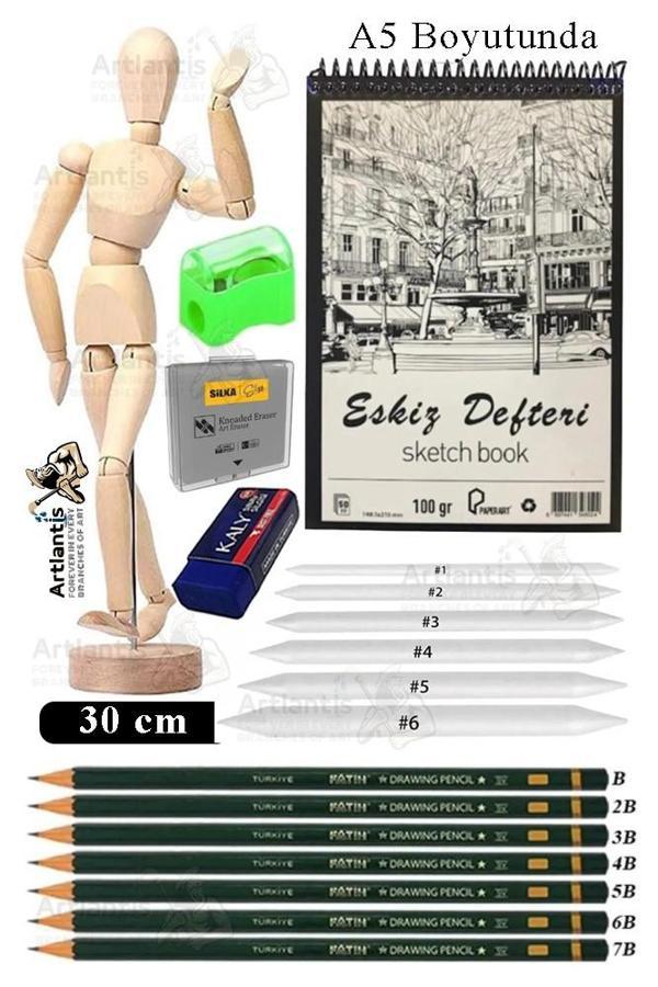 Ahşap İnsan Modeli 30 cm A5 15x21cm Eskiz Defteri Dereceli Karakalem Seti Dağıtma Kalemi Hamur Silgi Kalemtraş  - Image 1
