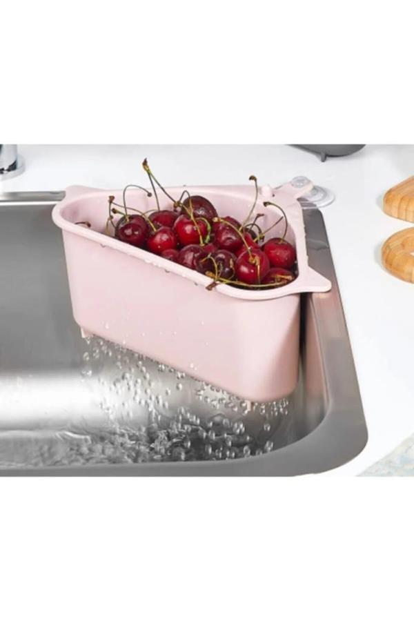 1 Adet Plastik Üçgen Vantuzlu Lavabo Evye Süzgeci Çöplüğü Pembe - Image 1