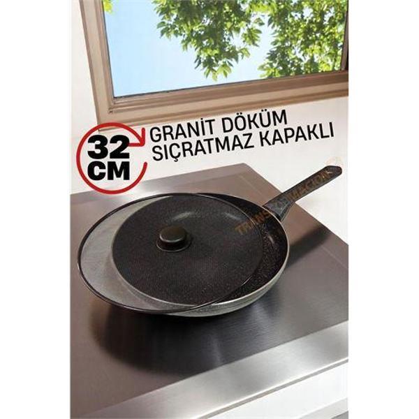Granit Döküm Tava Yağ Sıçratmaz Kapaklı -Yapışmaz Taban 32 Cm - Image 1