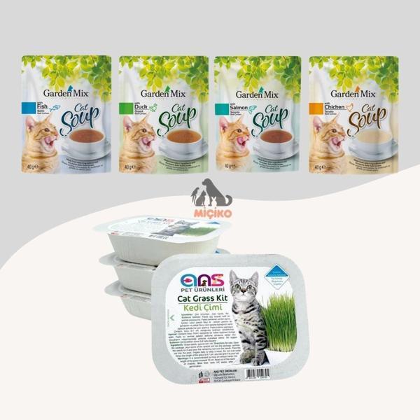 Kediler İçin Ödül Seti1 (4 Farklı Aromalı Kedi Çorbası + Kedi Çimi) - Image 1