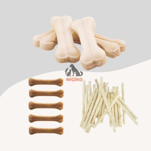 Köpekler İçin Ödül Seti10 (5li 7cm Beyaz ve 5li 7cm Naturel Kemik+25li Burgu Çubuk ) - Image 1
