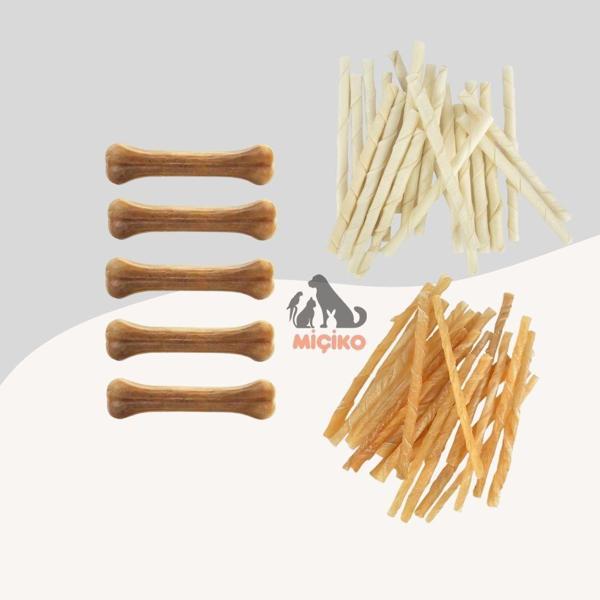 Köpekler İçin Ödül Seti3 (100lü Naturel Burgu+100lü Beyaz Burgu+5li 7cm Kemik) - Image 1