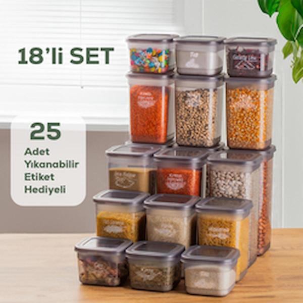 Porsima 433-GR-6 Kare Etiketli Erzak Baharat Saklama Kabı 18 Li - Image 1