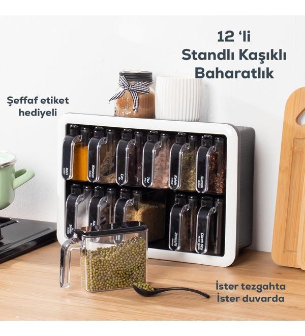 ﻿Porsima 1041 Standlı Kendinden Yapışkanlı Kaşıklı Kapaklı Baharatlık Takımı 12'Li Beyaz - Siyah - Image 1
